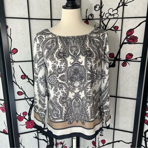 Talbots White, Black, Gold Long-sleeve Paisley Print Blouse Size: 4